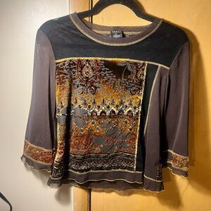 Women's Brown and Gold mesh tapestry long sleeve Blouse